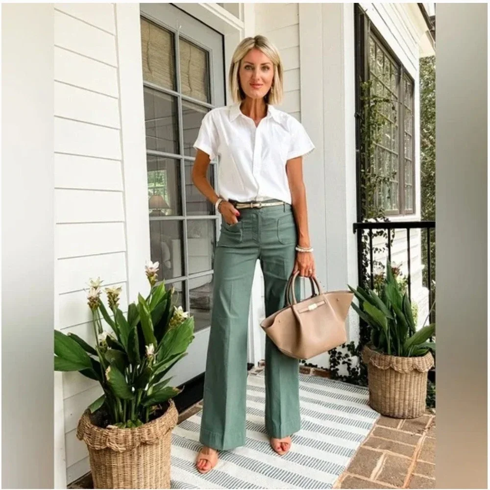 J.Crew Lizzie High Rise Patch Pocket Wide Leg Pant Preppy Cotton Linen Size 34‎
